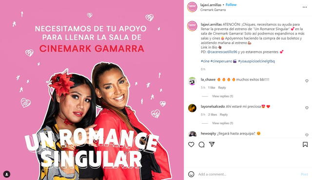 Javiera Arnillas solicita apoyo para el estreno de Un romance singular. Foto: Instagram/@lajavi.arnillas