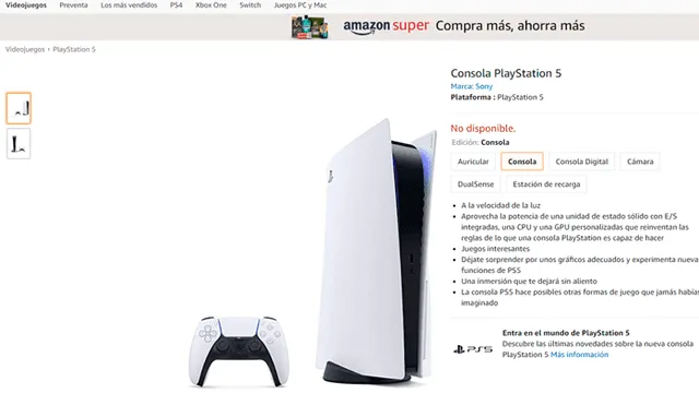 Amazon inauguró páginas para iniciar la venta de PS5 a inicios de la semana. Foto: Amazon.