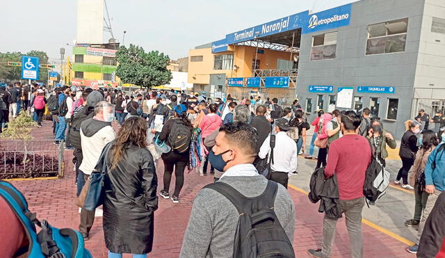 Colas. Miles madrugaron para hallar movilidad en las estaciones Naranjal y Matellini. Luego de una larga espera debieron optar por los colectivos y piratas. Foto: URPI/GLR