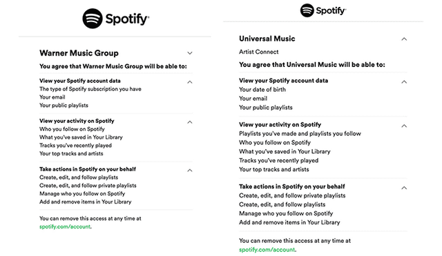 Por medio de Spotify, las disqueras solicitan más permisos de acceso de los que necesitan.