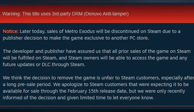 Steam se pronuncia sobre exclusividad de Metro Exodus y Epic Games Store.