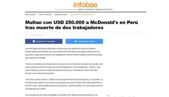 Multan con USD 250.000 a McDonald's en Perú tras muerte de dos trabajadores. Foto: Captura.