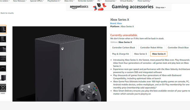 20 minutos bastaron para que la Xbox Series X se agote en distintas tiendas de Reino Unido. Imagen: Amazon.