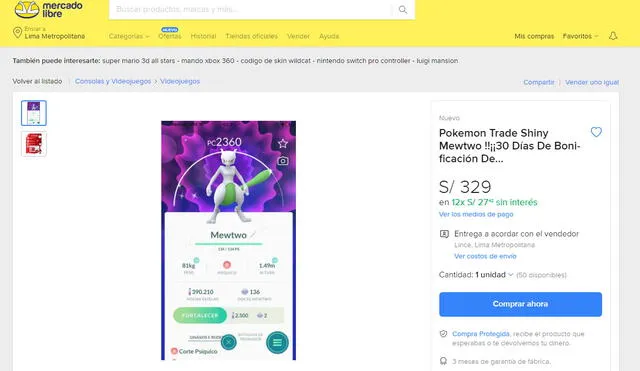 MewTwo shiny de Pokémon GO está siendo vendido a S/ 329. Foto: captura de Mercado Libre