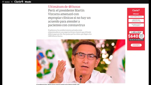 Algunos de los titulares de la prensa mundial sobre el anuncio de Vizcarra. Foto: captura Clarín.