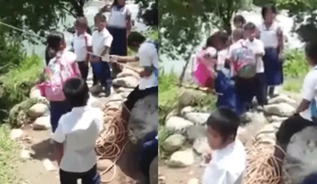 Facebook: niños usan increíble método para cruzar un río y asistir al colegio