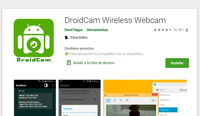 Descarga DroidCam en tu teléfono Android.