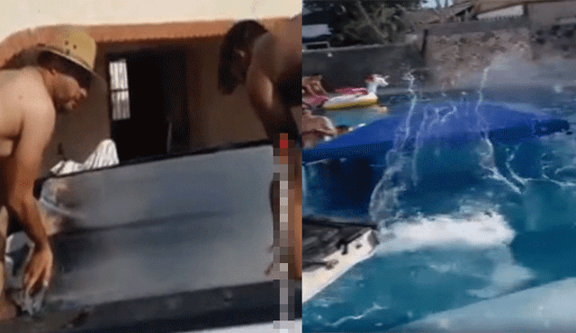 Ante tanto calor, jóvenes son criticados por lanzar bloques de hielo a su piscina [VIDEO]