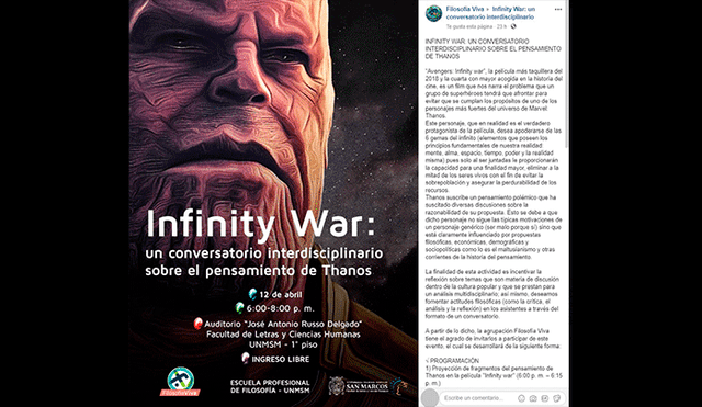 Facebook: UNMSM anuncia conversatorio extraordinario sobre "el pensamiento de Thanos" [FOTOS]