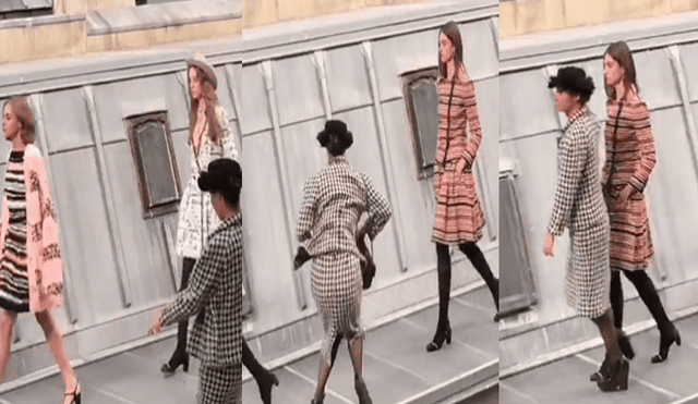 Video es viral en Facebook. La mujer comenzó a desfilar entre las bellas modelos de ‘Coco Chanel’, sin imaginar que una de ellas se enojaría y la sacaría del escenario. Foto: Captura.