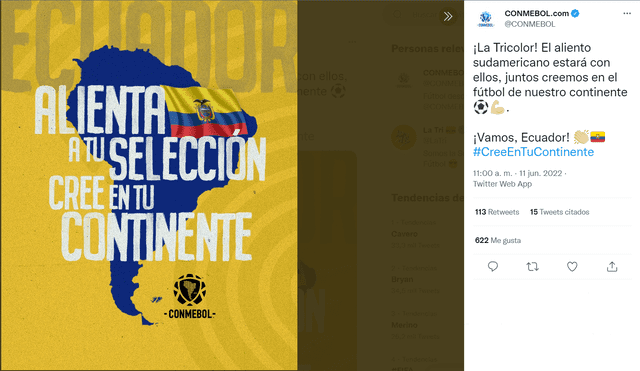 Conmebol saludo el aliento del continente sobre Ecuador. Foto: Conmebol/Twitter.