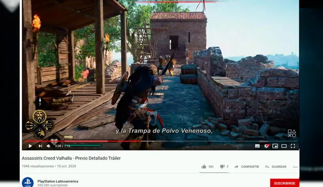 PlayStation Latinoamérica subió el tráiler gameplay de Assassin's Creed Valhalla donde salen los botones del mando de Xbox. Foto captura: YouTube