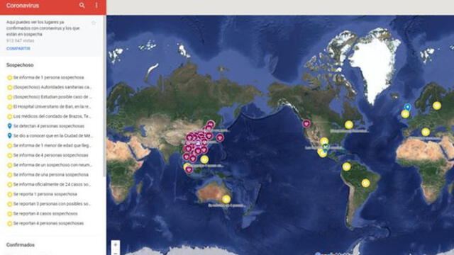El mapa en 'tiempo real' de Google Maps que sigue el avance del coronavirus.
