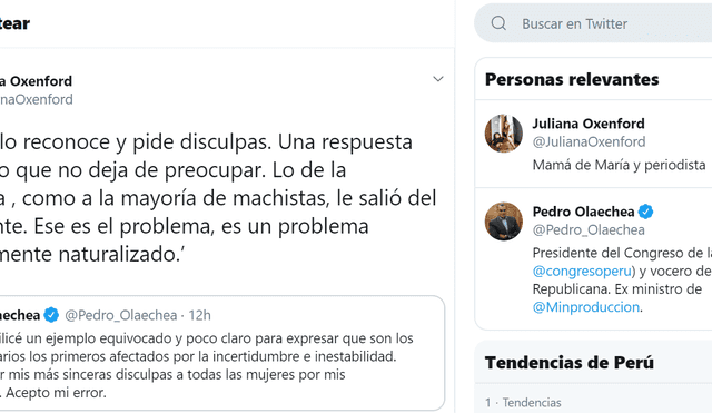 Juliana Oxenford tilda de “machista” a Pedro Olaechea por comentario contra mujeres