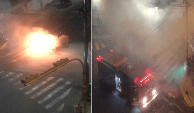 Incendio de vehículo en plena pista alarmó a vecinos de San Miguel. Foto: Brunella Abele / Twitter