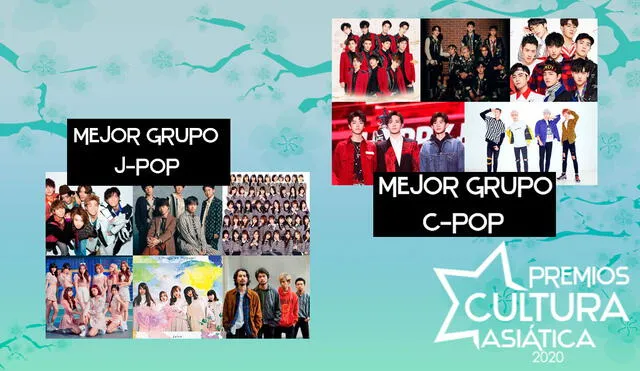 Todos los nominados a mejor grupo J-pop y mejor grupo C-pop en los PCA 2020. Foto: composición La República