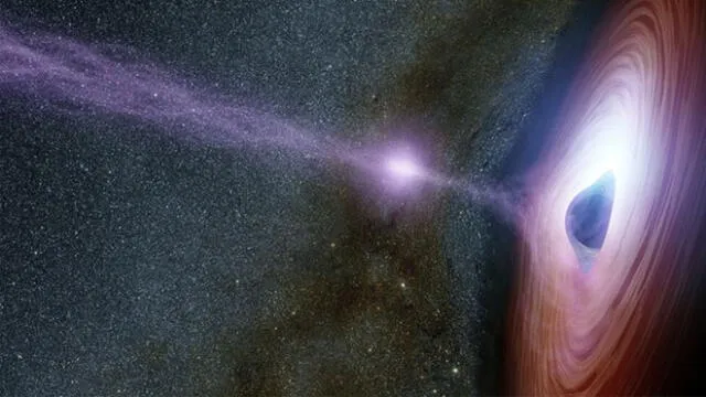 Representación de un agujero negro supermasivo rodeado por un disco giratorio de material que cae sobre él. Foto: NASA
