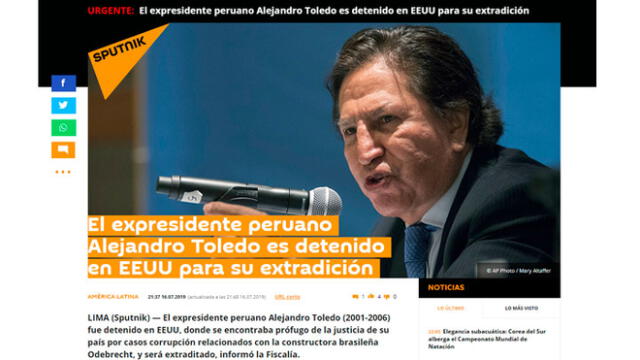 Sputnik: El expresidente peruano Alejandro Toledo es detenido en EEUU para su extradición