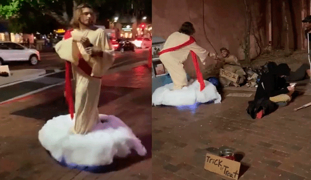 Joven se disfraza de Jesús y reparte pan a gente sin hogar durante Halloween [VIDEO]
