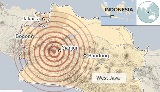 El pasado lunes 21 de noviembre, un sismo de magnitud 5,6 sacudió la ciudad de Cianjur en Java Occidental, en Indonesia. Foto: BBC