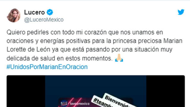 Marian Lorette, concursante de 'La Voz Kids' México, se encuentra internada. Foto: Twitter/Lucero