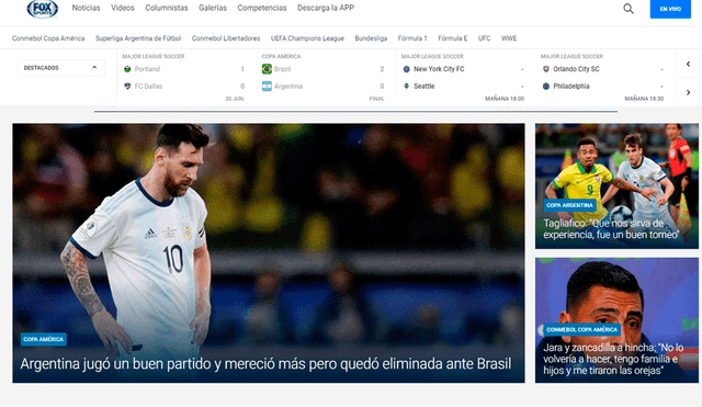 Prensa argentina reaccionó tras la eliminación de su selección ante Brasil en la Copa América 2019. | Foto: Fox Sports