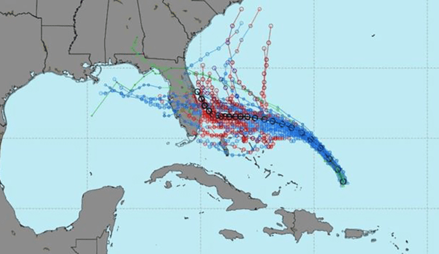 El Centro Nacional de Huracanes admite que la trayectoria de Dorian aún se halla rodeada de incertidumbre. Foto: Wathermodels.com