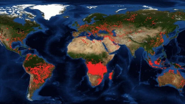 Los mapas de incendios de la NASA hacen ver claramente que hay una mayor incidencia de siniestros en África central. Foto: NASA