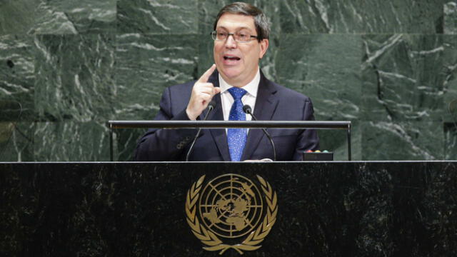 El Ministro de Relaciones Exteriores de Cuba, Bruno Eduardo Rodríguez Parrilla, habla en la 74a Asamblea General de las Naciones Unidas (ONU) el 28 de septiembre de 2019 en Nueva York.