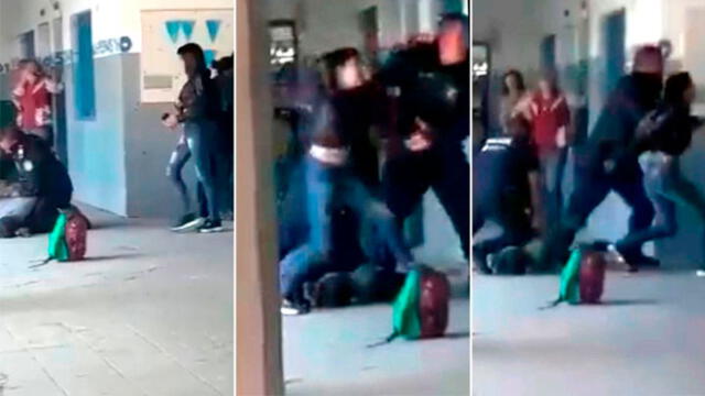 El momento en el que las tres mujeres atacan a la directora y a las autoridades policiales de la escuela. Foto: captura de video.