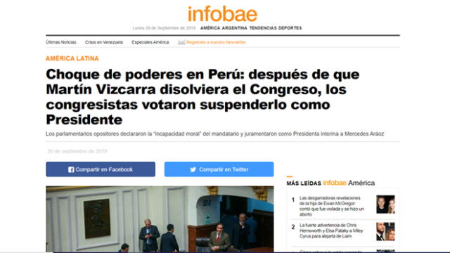Así informan los medios internacionales sobre la vacancia a Martín Vizcarra y ascenso de Mercedes Aráoz a la presidencia interina del Perú. Foto: Captura