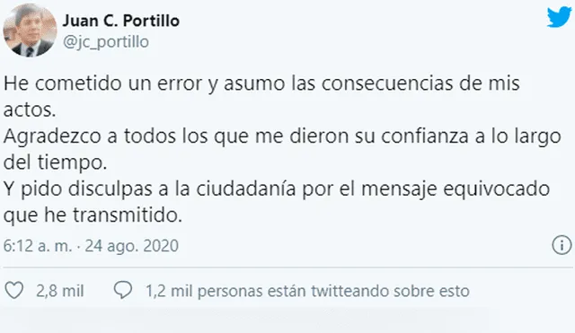 Juan Carlos Portillo pidió disculpas a la población a través de su cuenta de Twitter. Foto: Captura