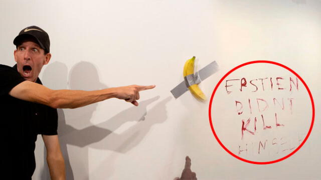 ''Epstien no se mató'', escribieron donde estaba situado el plátano de 120 mil dólares. Foto: Composición