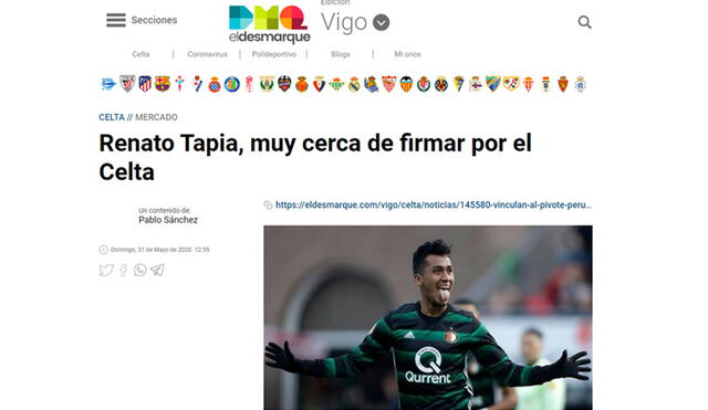Renato Tapia es nuevo futbolista del Celta de Vigo. Foto: El Desmarque