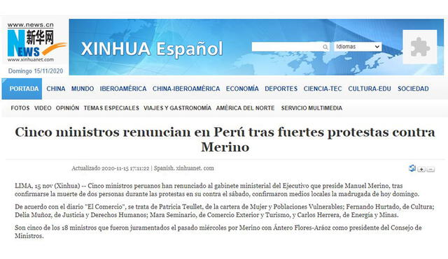 El medio chino Xinhua también dio cuenta sobre lo ocurrido en Perú. Foto: Captura de Xinhua en español
