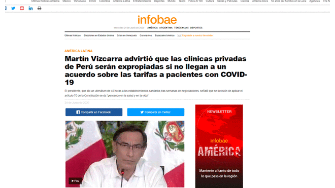 Algunos de los titulares de la prensa mundial sobre el anuncio de Vizcarra. Foto: captura Infobae.