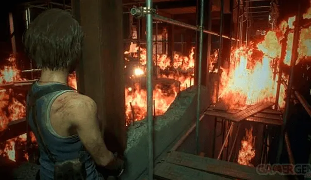 Jill Valentine y Nemesis en uno de los edificios en llamas de Raccon City.