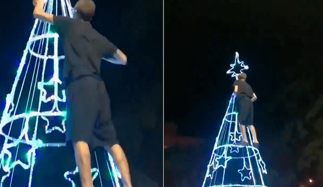 YouTube Viral: Joven le da un toque final a la estrella de su árbol navideño, pero sufre accidente