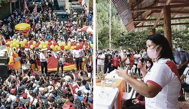 Castillo tuvo un multitudinario recibimiento en Áncash. Por su parte, Fujimori intenta persuadir a la población de que su rival de izquierda representa un abismo al comunismo. Foto: composición