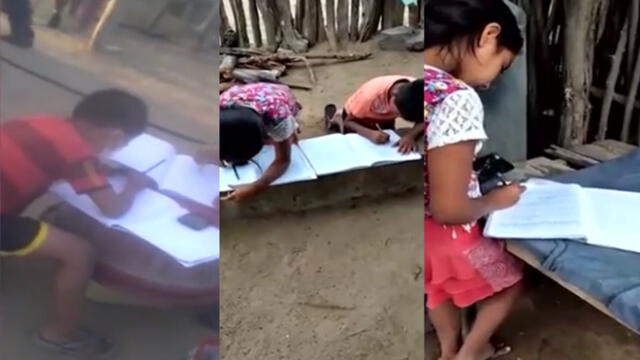 Alumnos deben improvisar escritorios para poder hacer sus tareas. (Foto: Composición con capturas de video / América Noticias)