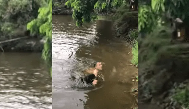 Video es viral en TikTok. Hombre simuló un accidente mientras se daba un baño en el río, sin imaginar que su perro se lanzaría al agua rápidamente para salvarlo, tras verlo en peligro. Fotocaptura: YouTube
