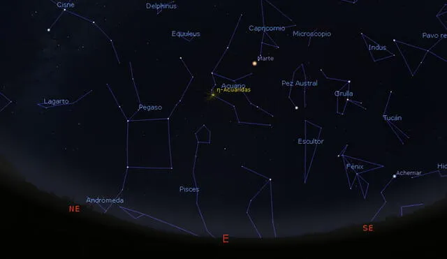 Radiante de las Eta Acuáridas en el cielo de Lima, a las 4.30 a.m. del 6 de mayo. Fuente: Stellarium.