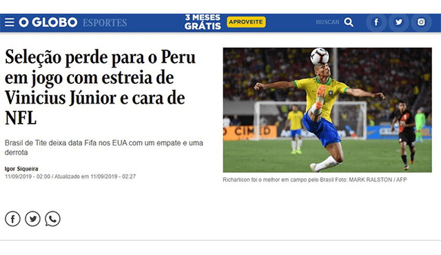 ¿Cómo reaccionó la prensa internacional tras triunfo de Perú sobre Brasil? [FOTOS]