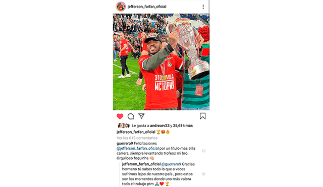 Guerrero felicitó a Farfán con este memorable mensaje tras campeonar con el Lokomotiv 
