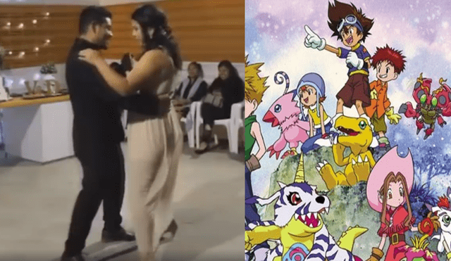 Video es viral en YouTube. La pareja de recién casados sorprendió a todos los invitados a su boda bailando el tema de Digimon. Foto: Captura.