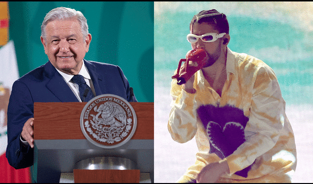 AMLO le pide a Bad Bunny un concierto gratis en Zócalo para los miles de fanáticos, principalmente, los estafados de hace días. Foto: AFP