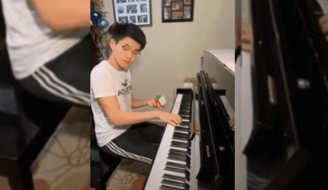 Video es viral en YouTube. El joven ha desconcertado a más de uno con su habilidad para armar un cubo y tocar el piano de forma simultánea. Fotocaptura: YouTube