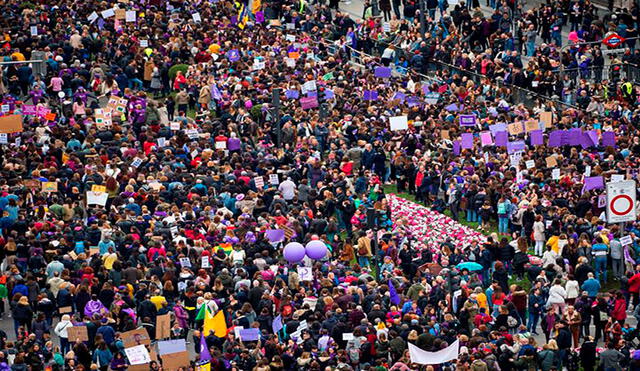 Vista aérea de la manifestación del 8M de Madrid, España, conmemorando el Día Internacional de la Mujer. Foto: EFE