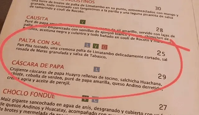 Polémica en Facebook. Vale resaltar que el ‘pan con palta’ es la entrada más barata que ofrece este restaurante. Foto: Captura.