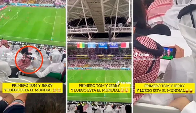 Un joven quiso grabar a los asistentes del estadio en el partido de Qatar vs. Senegal; sin embargo, un detalle le llamó su atención. Foto: composición LR/TikTok/@recuerdos_animados